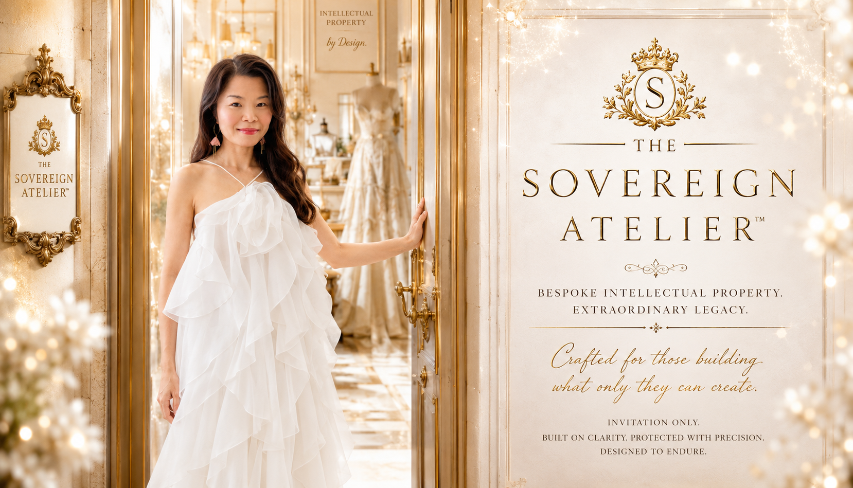 The Sovereign Atelier — an elegant woman opens the door to a luminous atelier of bespoke intellectual property